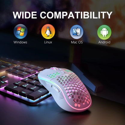 Experience Ultimate Gaming Precision with the 2.4G Wireless RGB Backlit Mouse - Ergonomic Honeycomb Design, 6-Button Control, and Rechargeable Convenience!