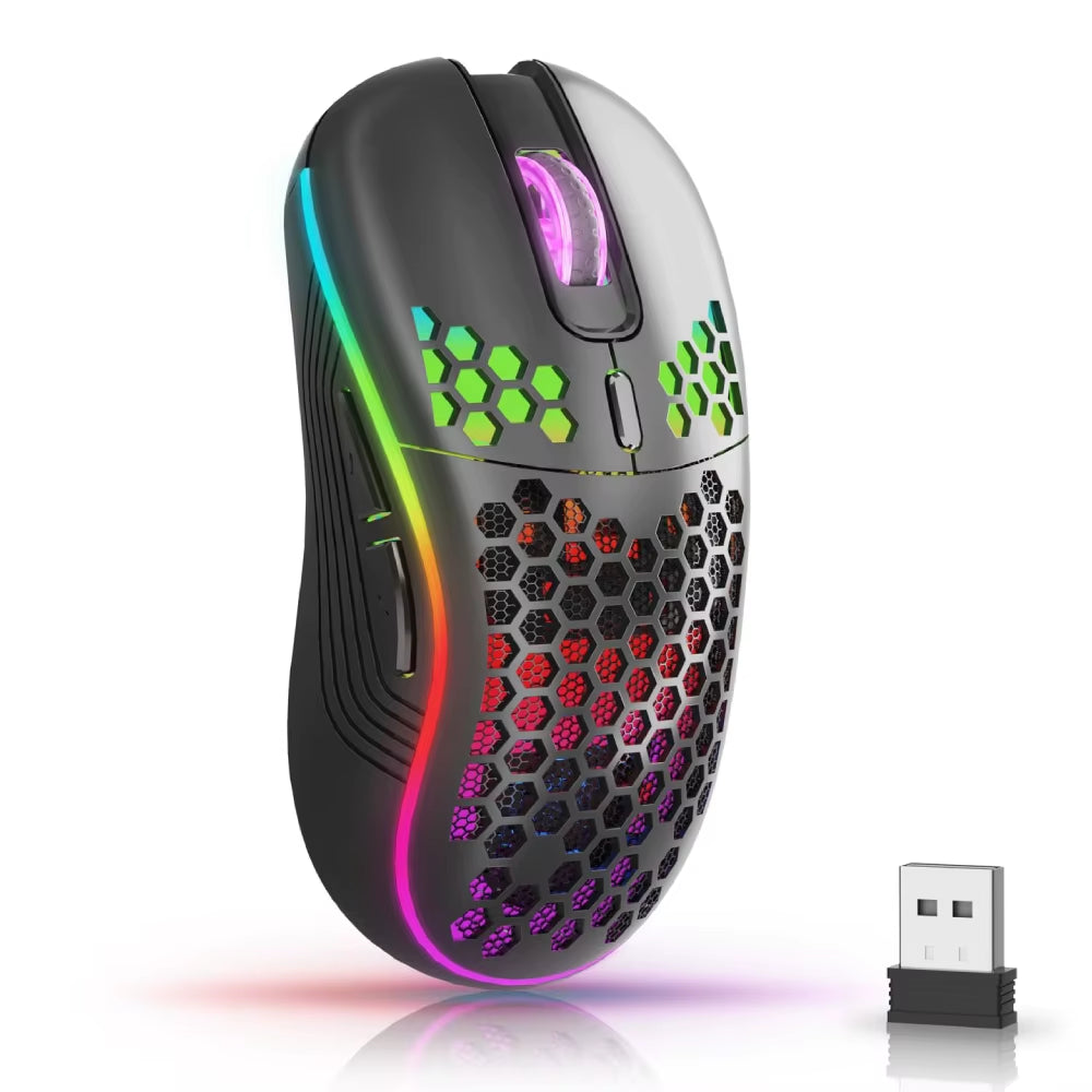 Experience Ultimate Gaming Precision with the 2.4G Wireless RGB Backlit Mouse - Ergonomic Honeycomb Design, 6-Button Control, and Rechargeable Convenience!