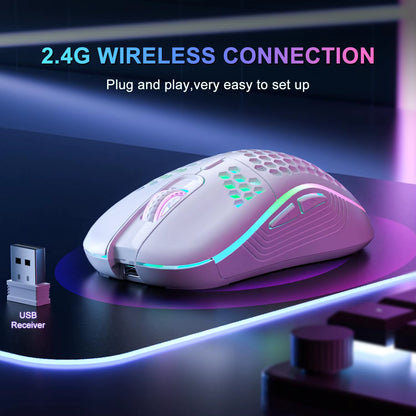 Experience Ultimate Gaming Precision with the 2.4G Wireless RGB Backlit Mouse - Ergonomic Honeycomb Design, 6-Button Control, and Rechargeable Convenience!